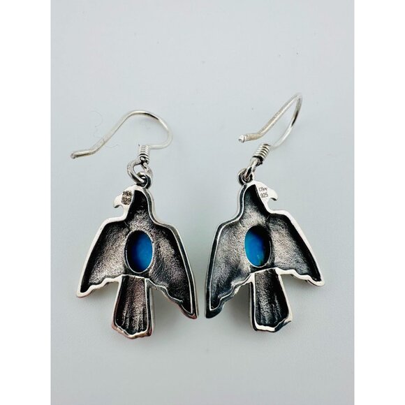 Vtg DJoy Sterling Silver and Turquoise Cabochon Thunderbird Hook Earrings - Picture 3 of 4
